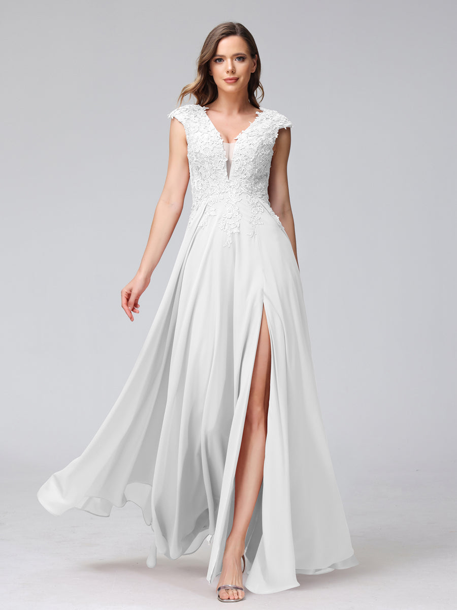 Vestidos Longos de Dama de Honra Em Chiffon Sem Mangas com Decote Em V e Apliques Laterais Divididas