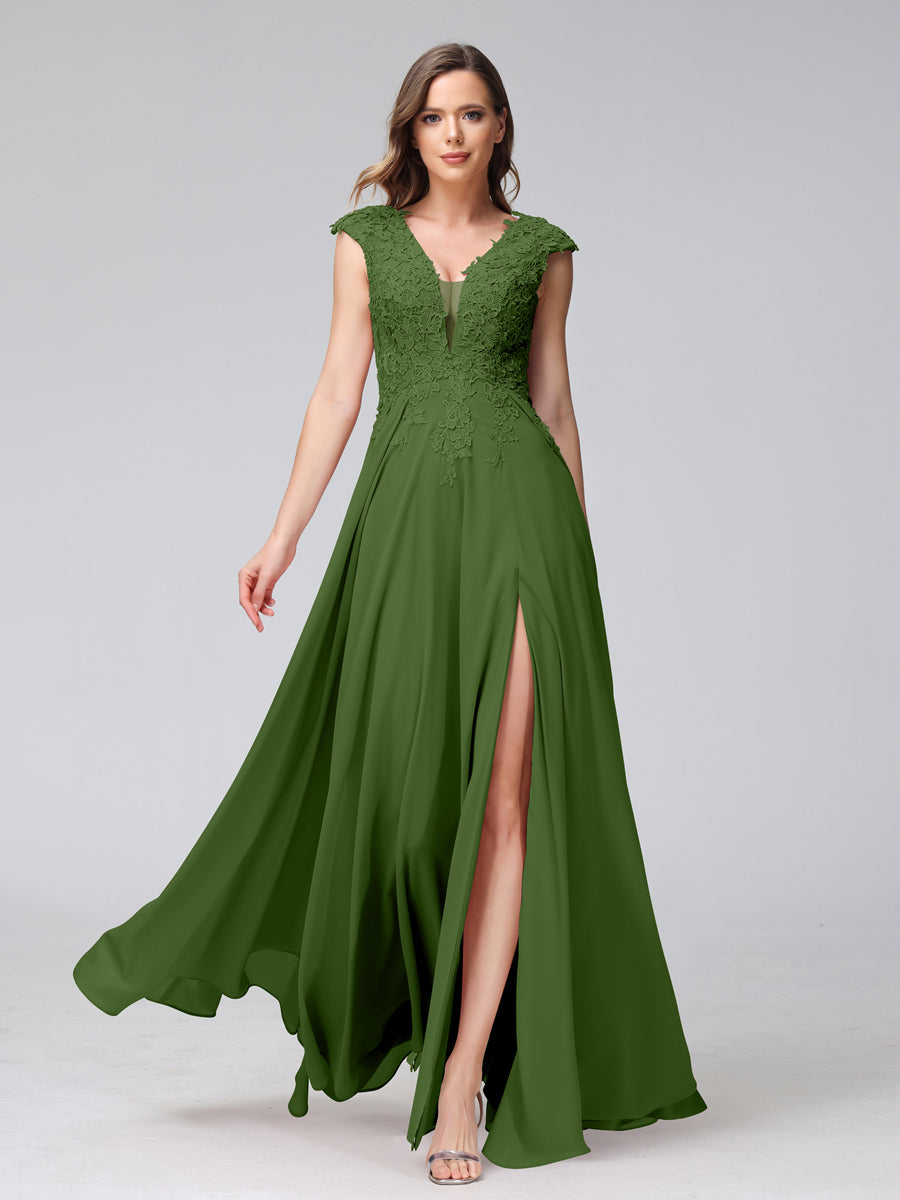 Vestidos Longos de Dama de Honra Em Chiffon Sem Mangas com Decote Em V e Apliques Laterais Divididas