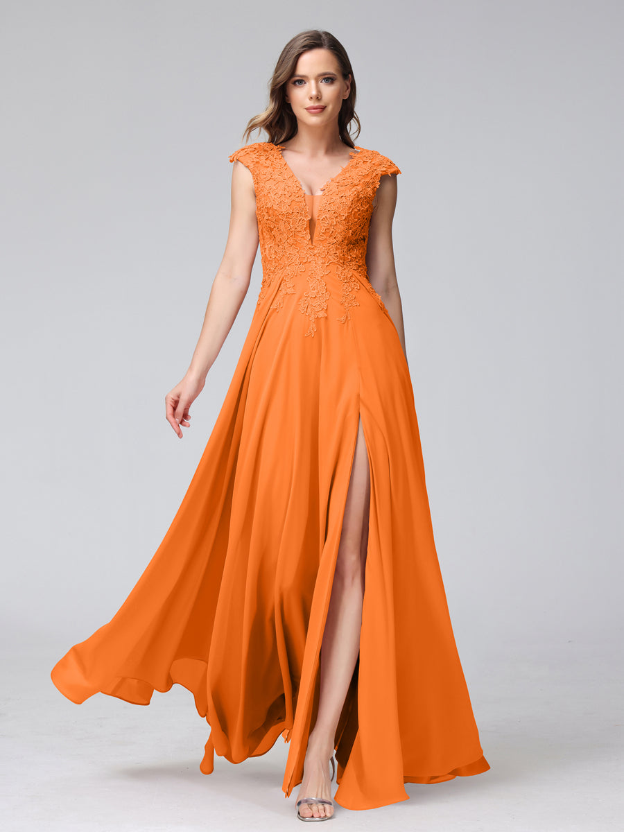 Vestidos Longos de Dama de Honra Em Chiffon Sem Mangas com Decote Em V e Apliques Laterais Divididas