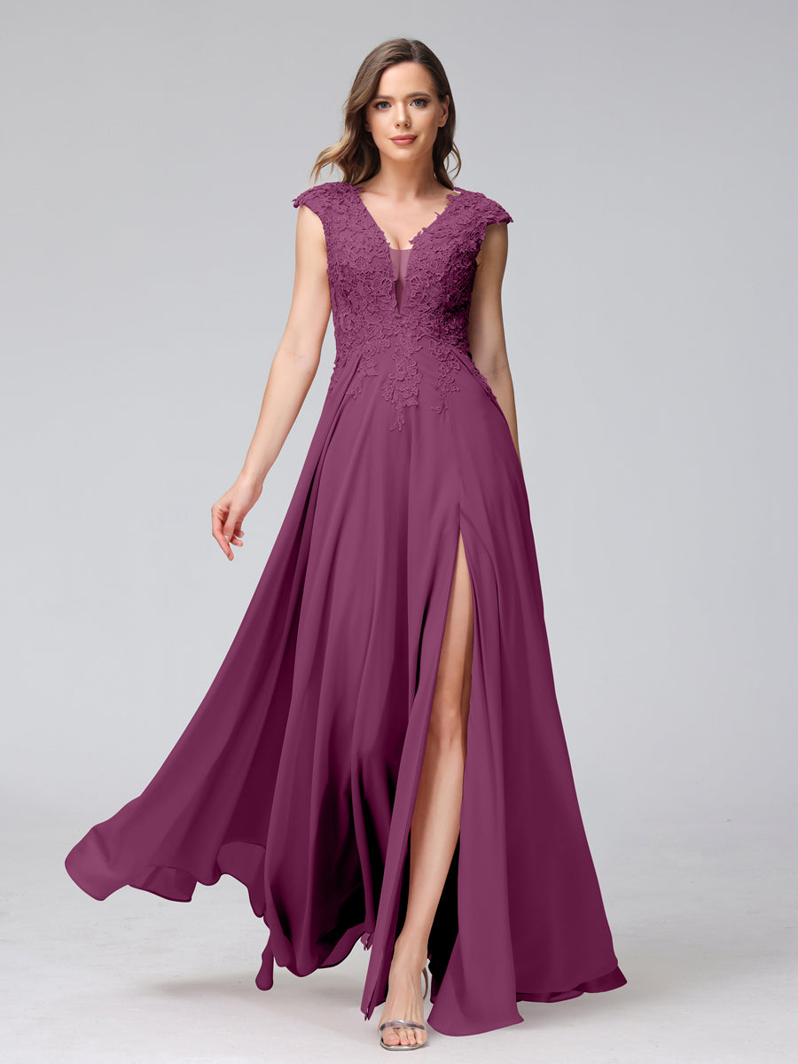 Vestidos Longos de Dama de Honra Em Chiffon Sem Mangas com Decote Em V e Apliques Laterais Divididas