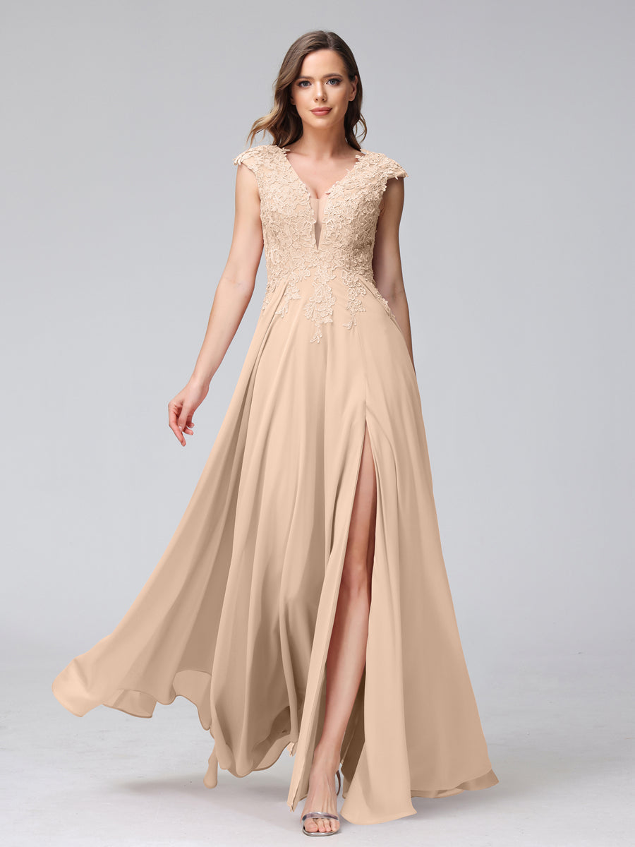 Vestidos Longos de Dama de Honra Em Chiffon Sem Mangas com Decote Em V e Apliques Laterais Divididas