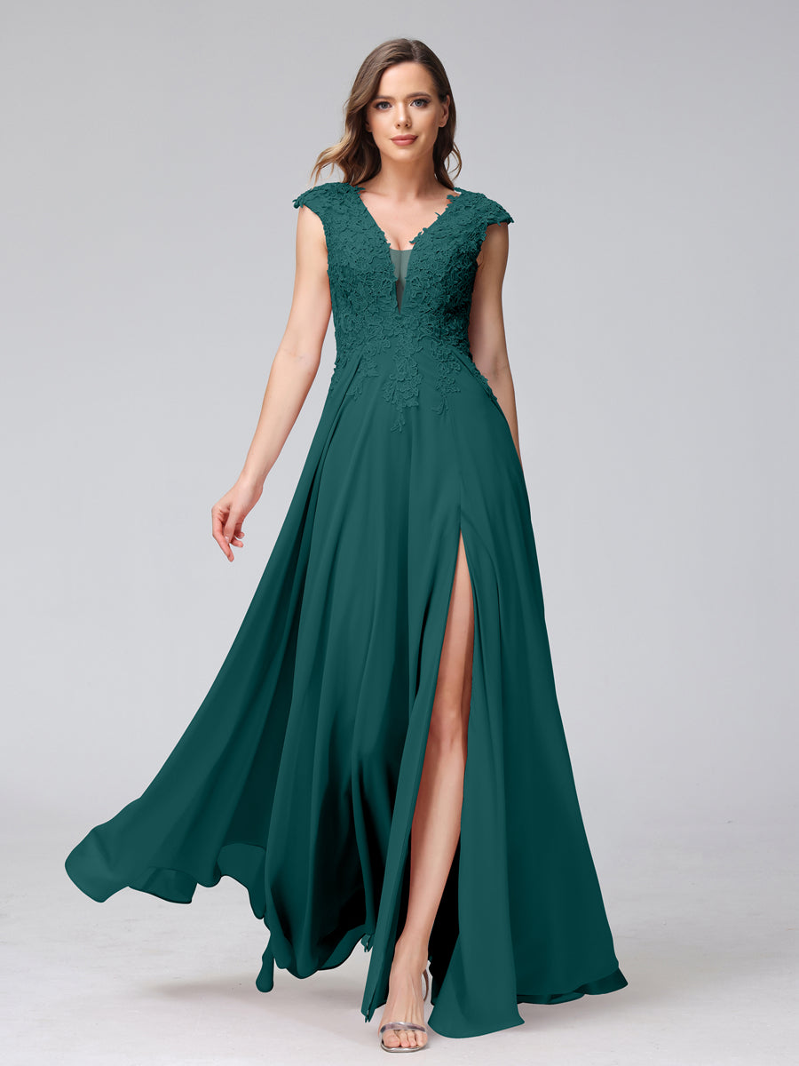 Vestidos Longos de Dama de Honra Em Chiffon Sem Mangas com Decote Em V e Apliques Laterais Divididas