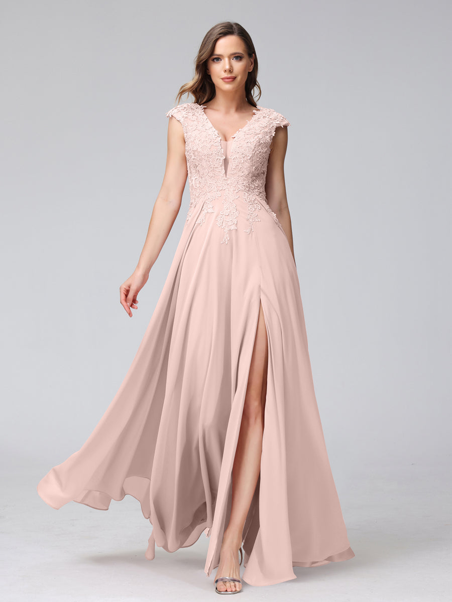 Vestidos Longos de Dama de Honra Em Chiffon Sem Mangas com Decote Em V e Apliques Laterais Divididas