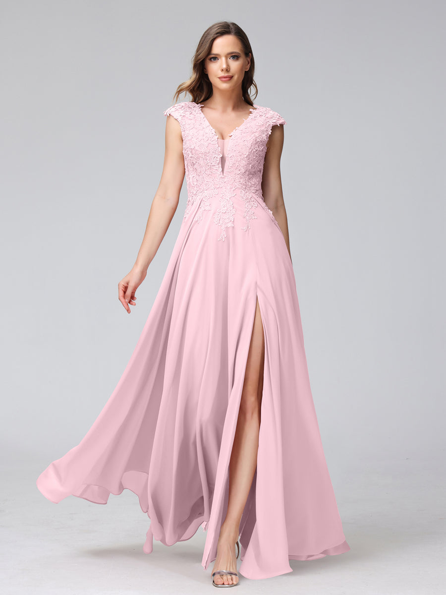 Vestidos Longos de Dama de Honra Em Chiffon Sem Mangas com Decote Em V e Apliques Laterais Divididas