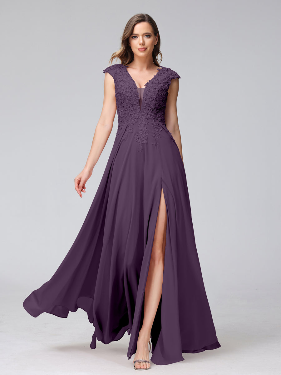 Vestidos Longos de Dama de Honra Em Chiffon Sem Mangas com Decote Em V e Apliques Laterais Divididas