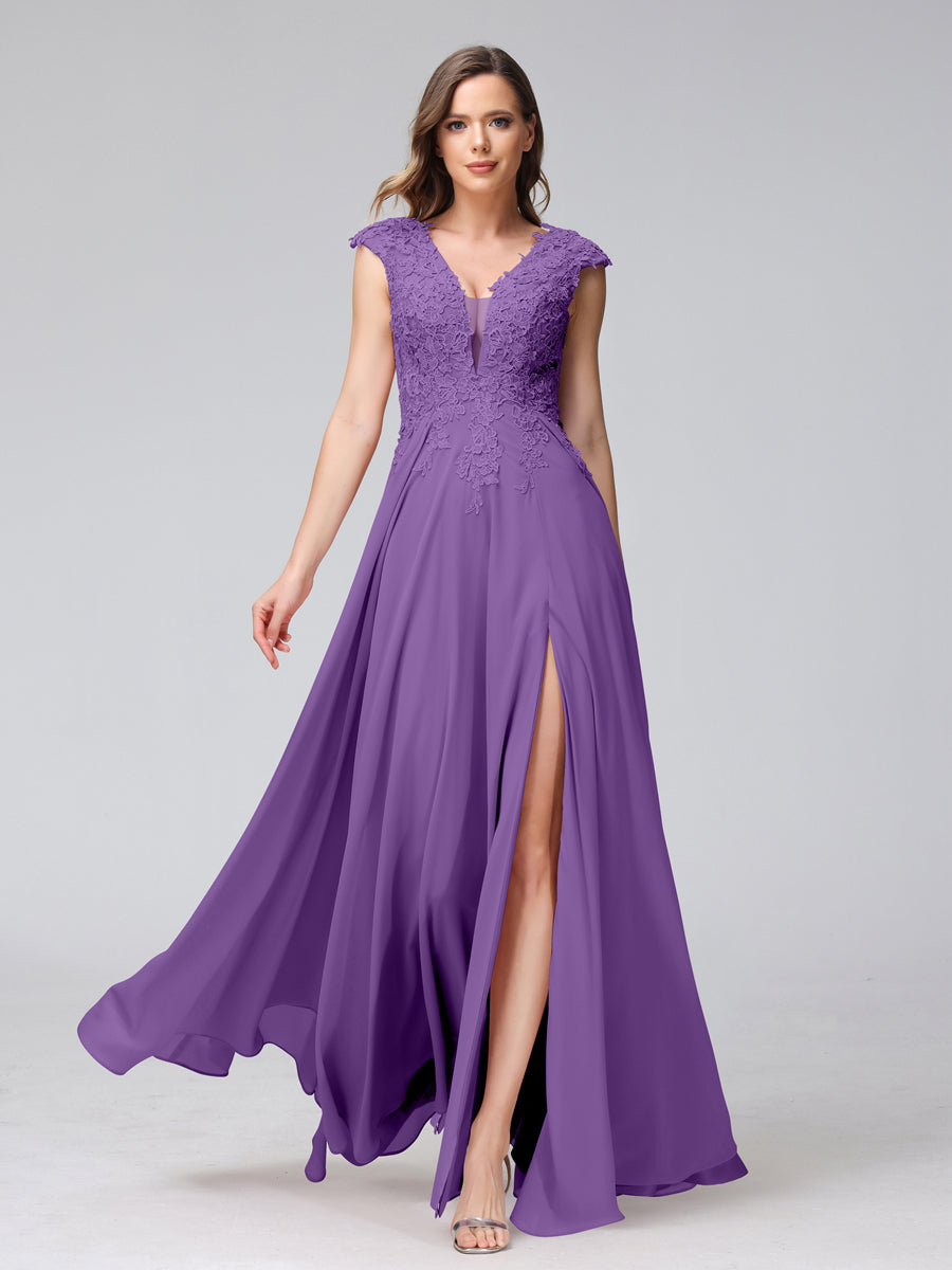 Vestidos Longos de Dama de Honra Em Chiffon Sem Mangas com Decote Em V e Apliques Laterais Divididas