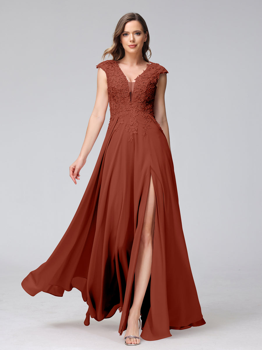 Vestidos Longos de Dama de Honra Em Chiffon Sem Mangas com Decote Em V e Apliques Laterais Divididas