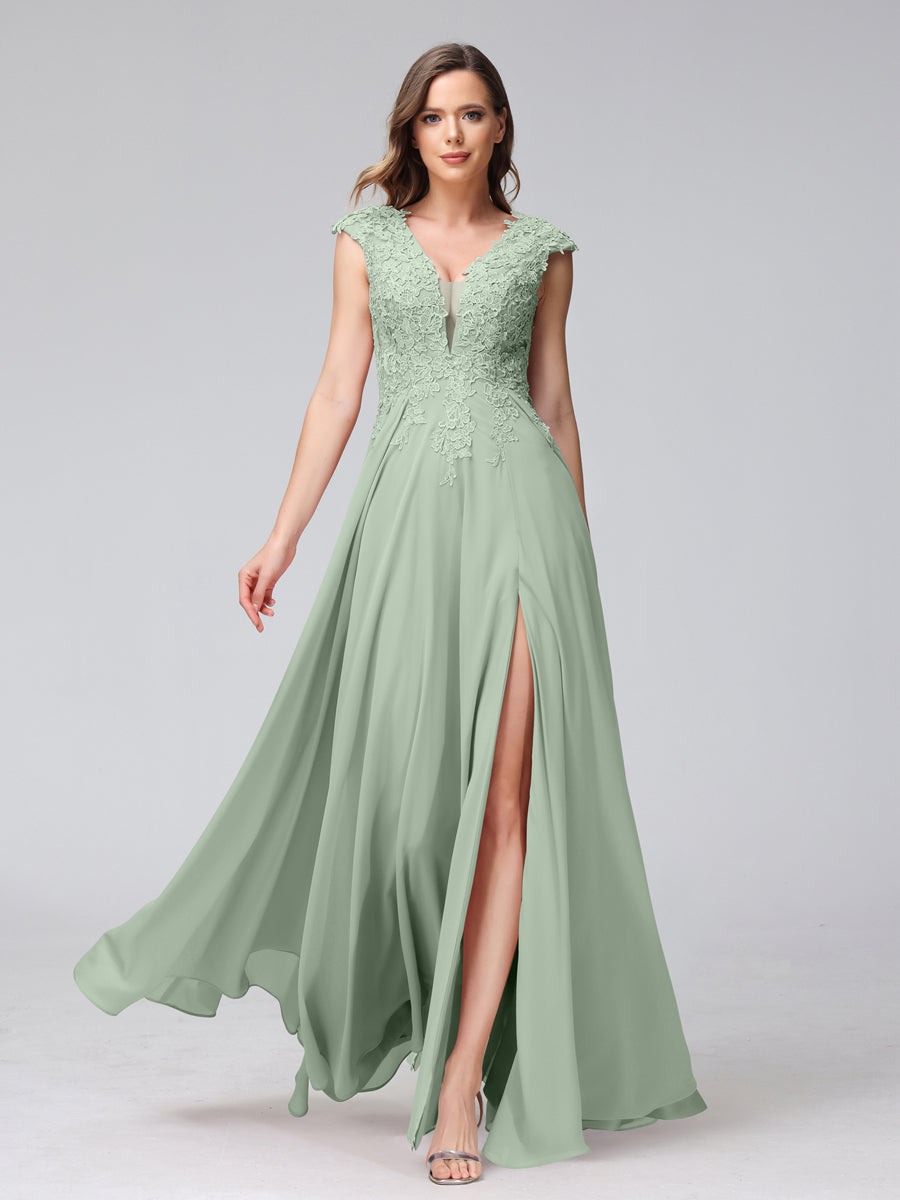 Vestidos Longos de Dama de Honra Em Chiffon Sem Mangas com Decote Em V e Apliques Laterais Divididas