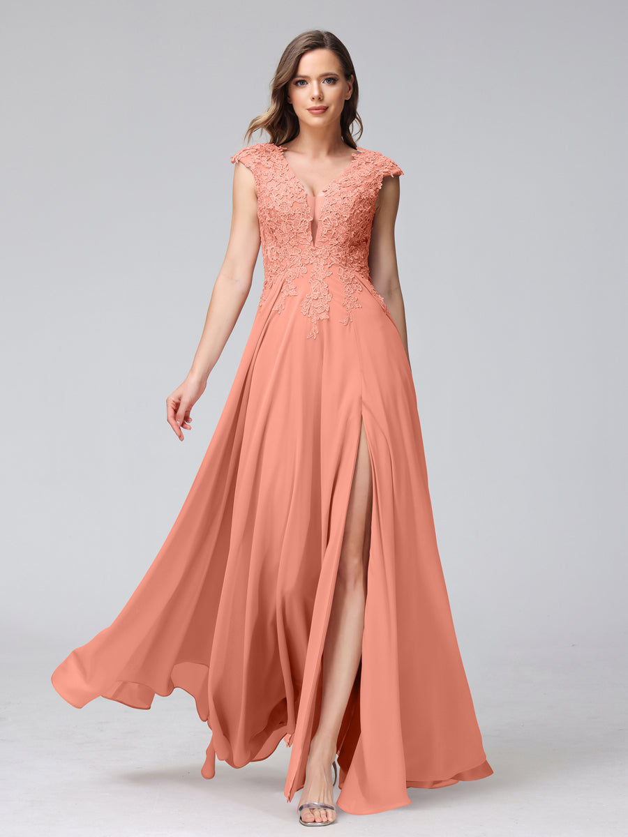 Vestidos Longos de Dama de Honra Em Chiffon Sem Mangas com Decote Em V e Apliques Laterais Divididas