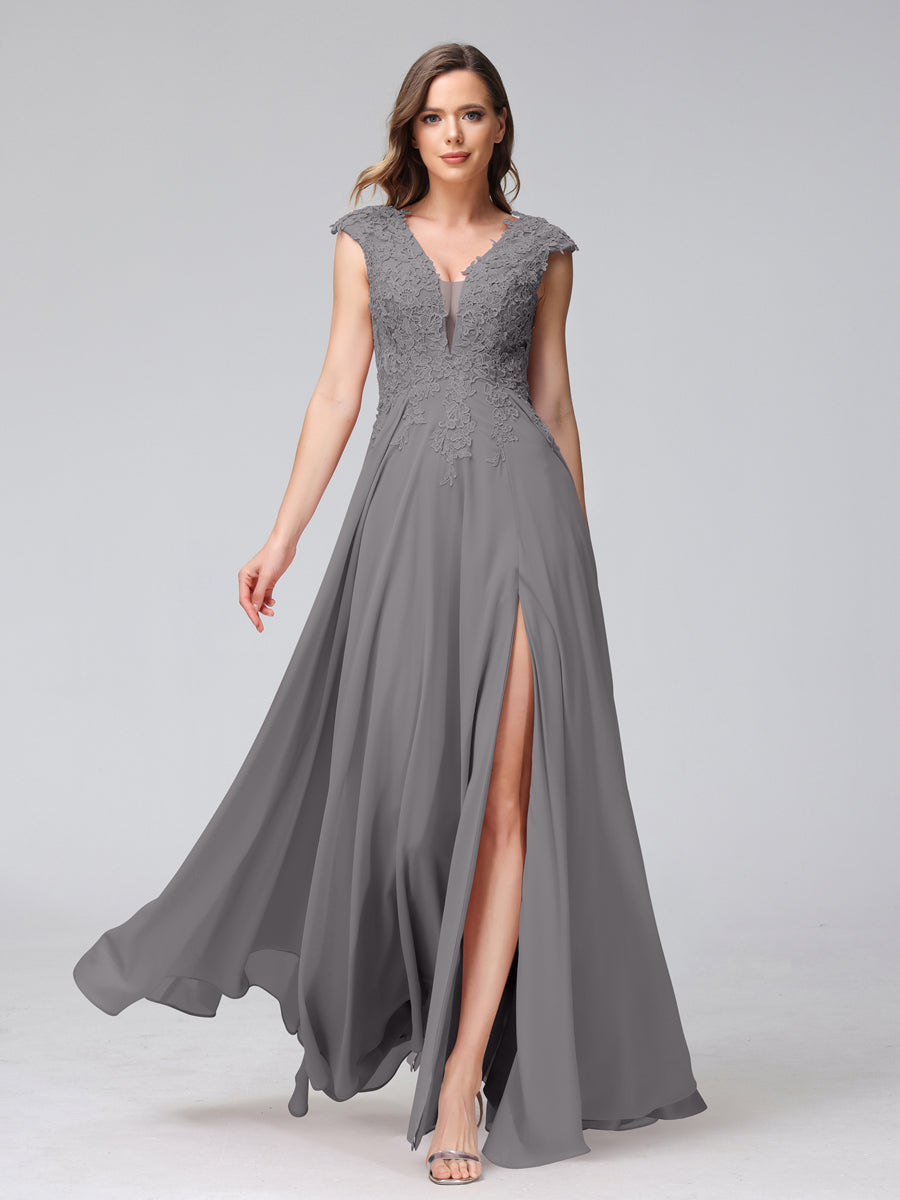 Vestidos Longos de Dama de Honra Em Chiffon Sem Mangas com Decote Em V e Apliques Laterais Divididas