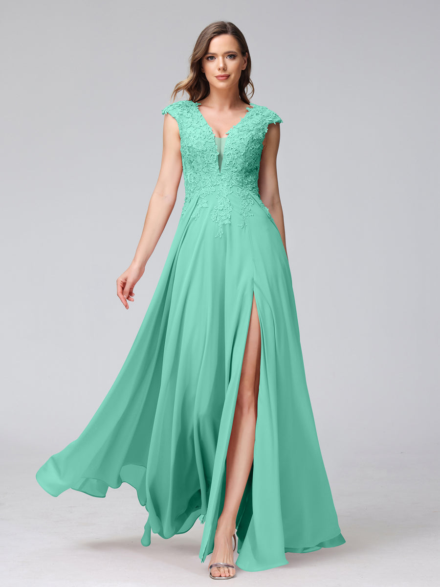 Vestidos Longos de Dama de Honra Em Chiffon Sem Mangas com Decote Em V e Apliques Laterais Divididas