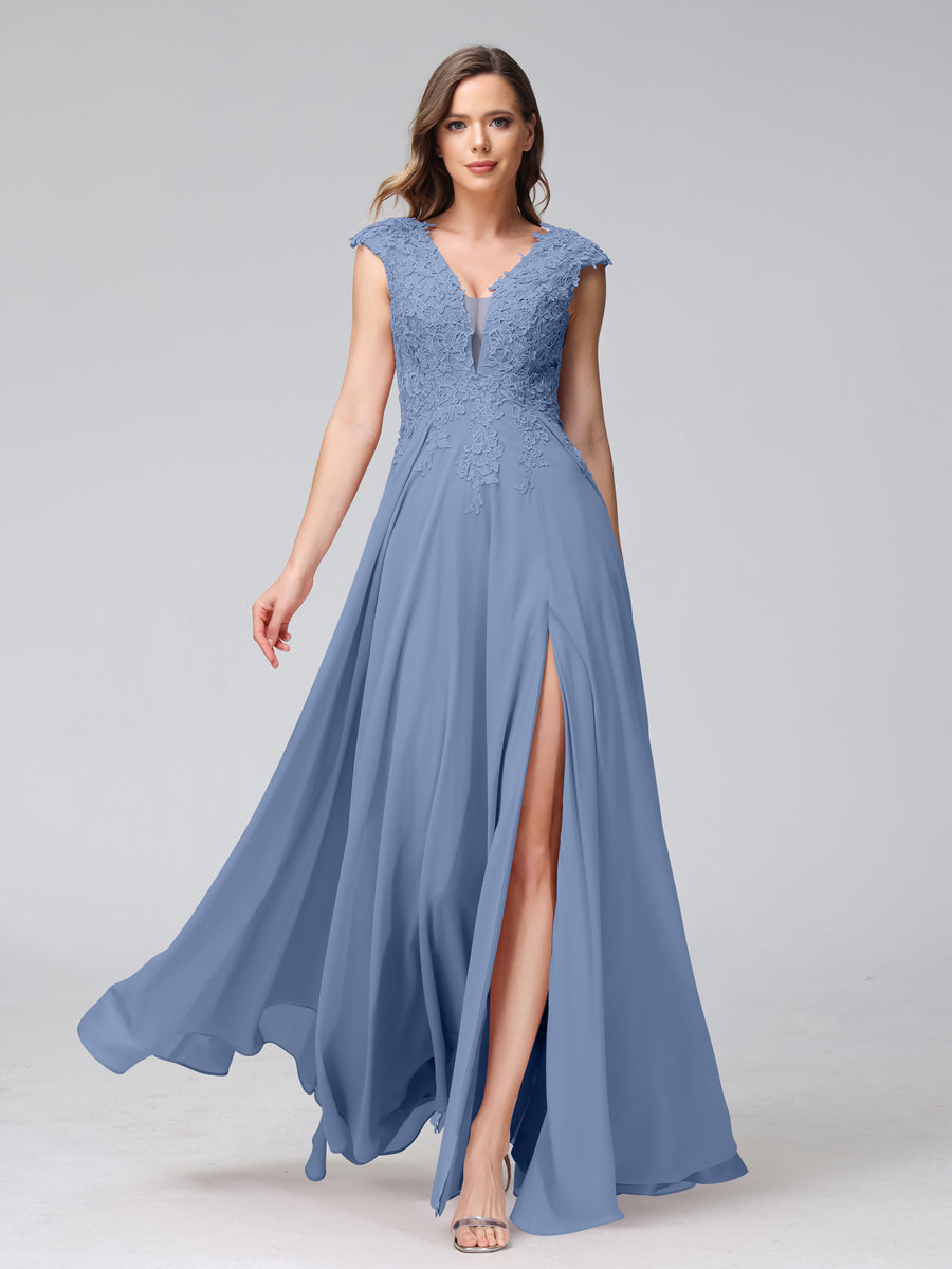 Vestidos Longos de Dama de Honra Em Chiffon Sem Mangas com Decote Em V e Apliques Laterais Divididas
