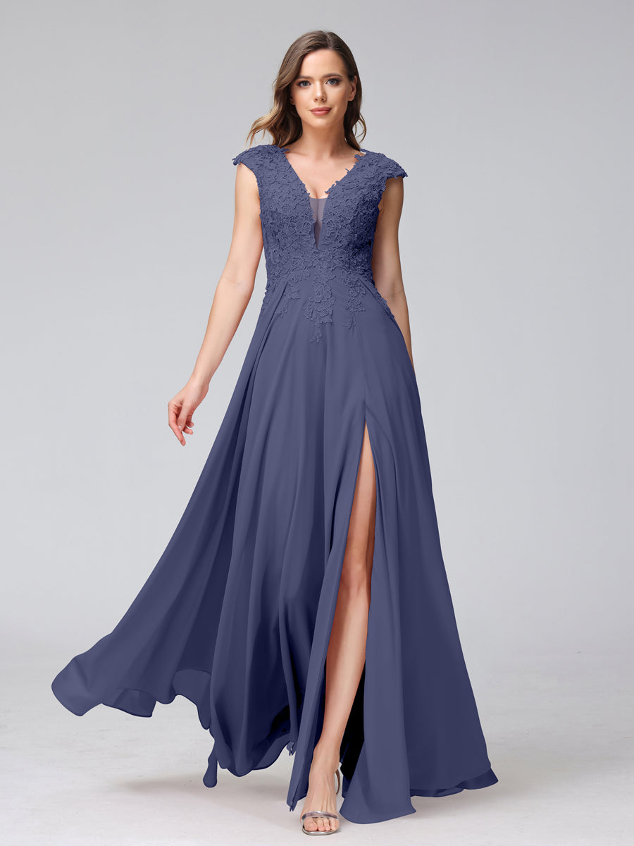 Vestidos Longos de Dama de Honra Em Chiffon Sem Mangas com Decote Em V e Apliques Laterais Divididas