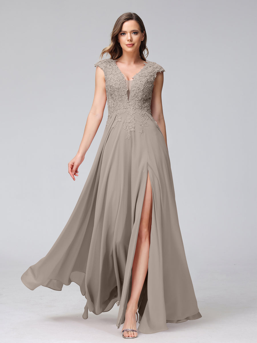 Vestidos Longos de Dama de Honra Em Chiffon Sem Mangas com Decote Em V e Apliques Laterais Divididas