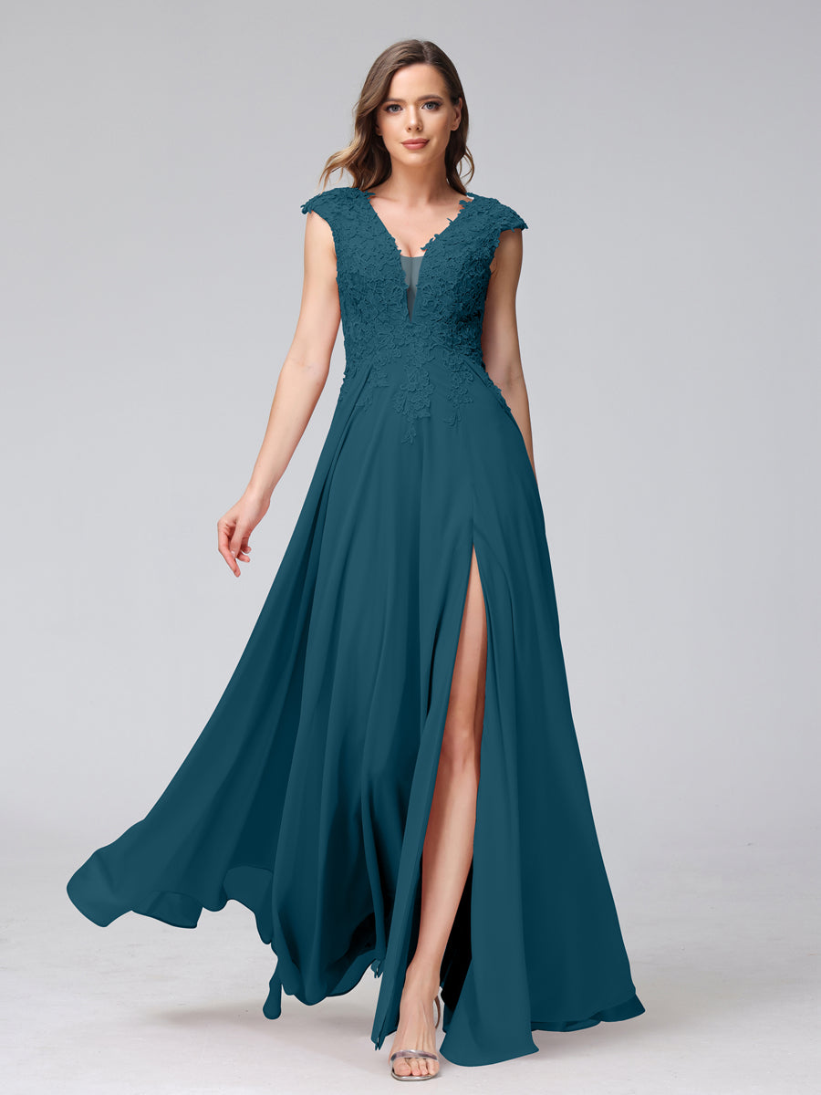 Vestidos Longos de Dama de Honra Em Chiffon Sem Mangas com Decote Em V e Apliques Laterais Divididas
