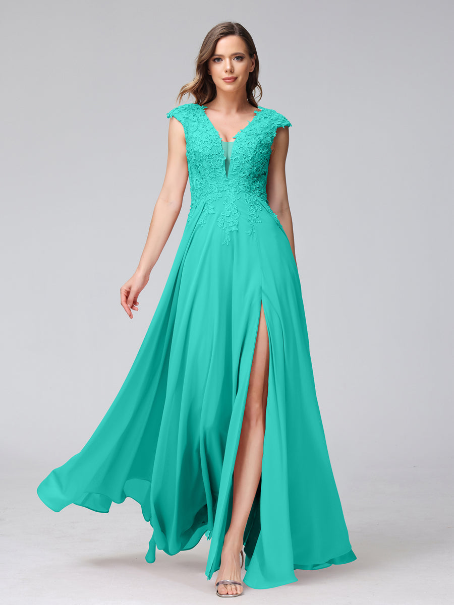 Vestidos Longos de Dama de Honra Em Chiffon Sem Mangas com Decote Em V e Apliques Laterais Divididas