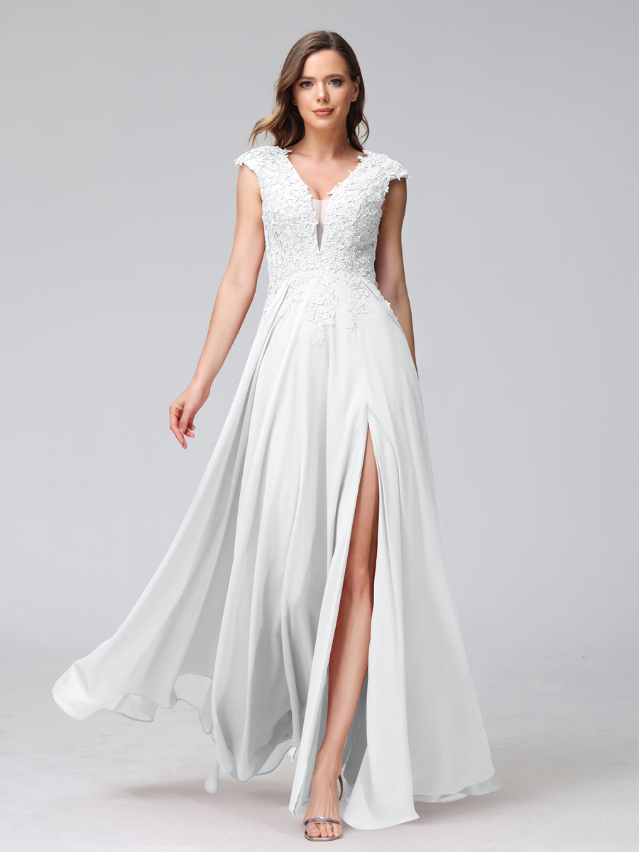 Vestidos Longos de Dama de Honra Em Chiffon Sem Mangas com Decote Em V e Apliques Laterais Divididas