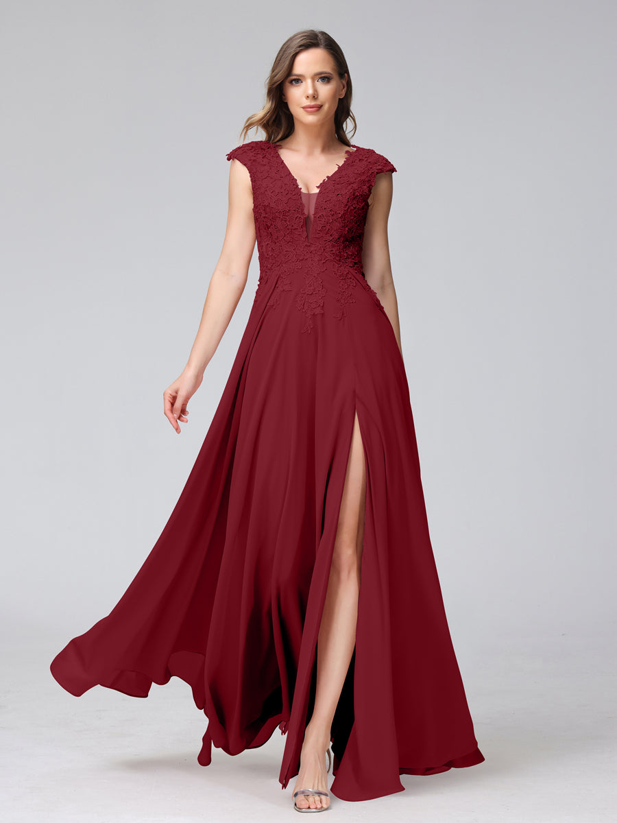 Vestidos Longos de Dama de Honra Em Chiffon Sem Mangas com Decote Em V e Apliques Laterais Divididas