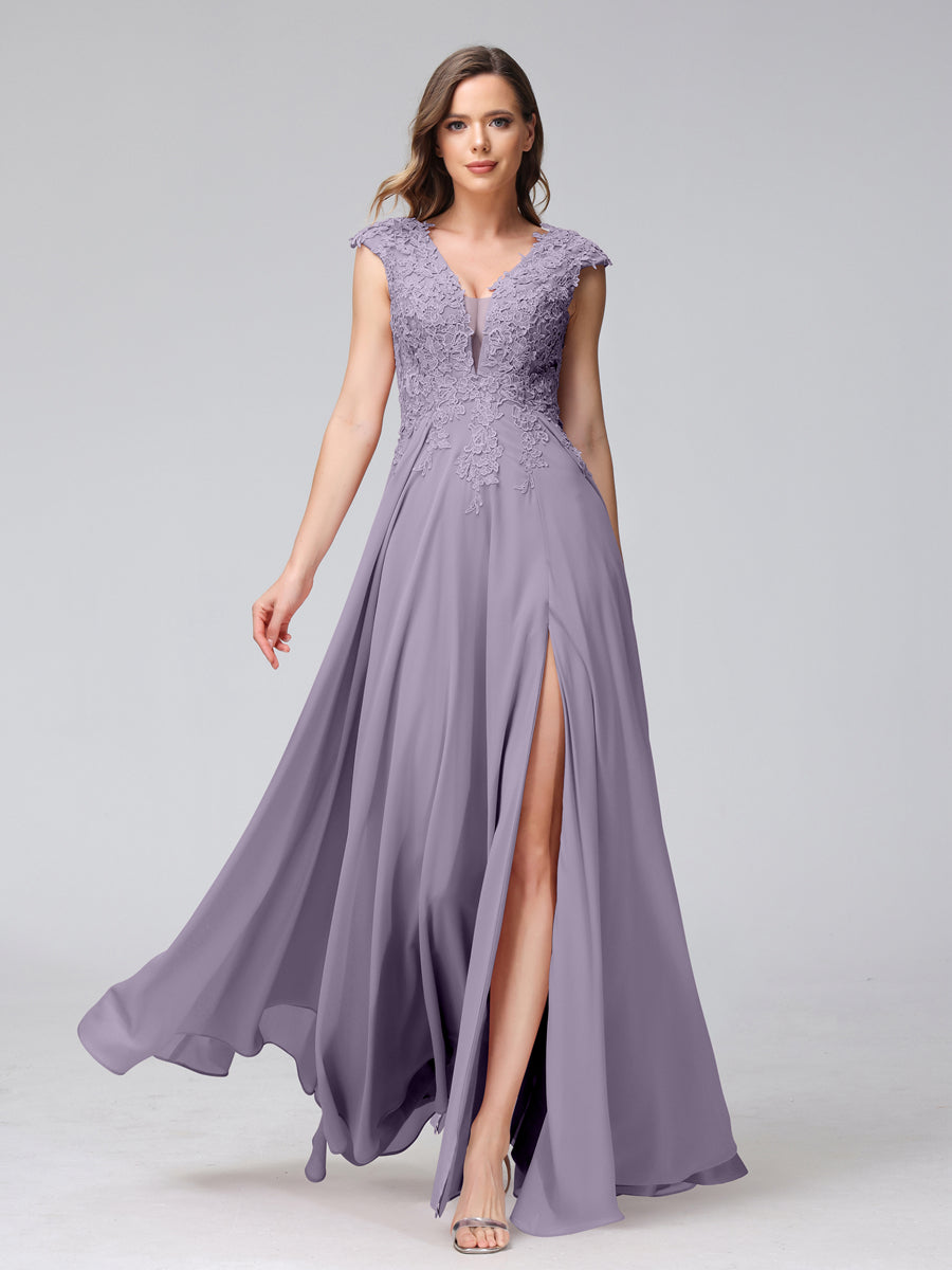 Vestidos Longos de Dama de Honra Em Chiffon Sem Mangas com Decote Em V e Apliques Laterais Divididas