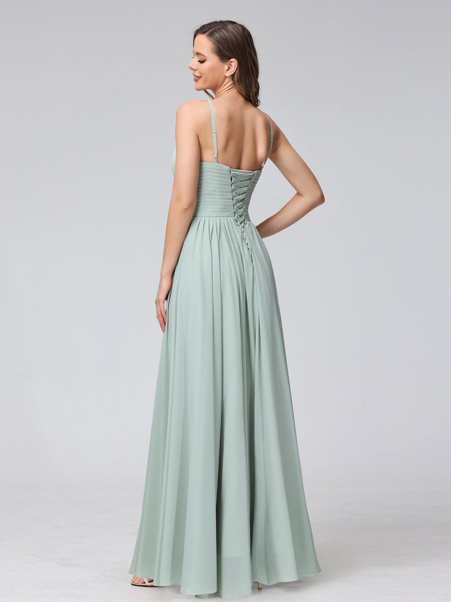 Vestidos de Dama de Honra Em Chiffon com Frente Única Evasê Sem Mangas Franzidos Até O Chão
