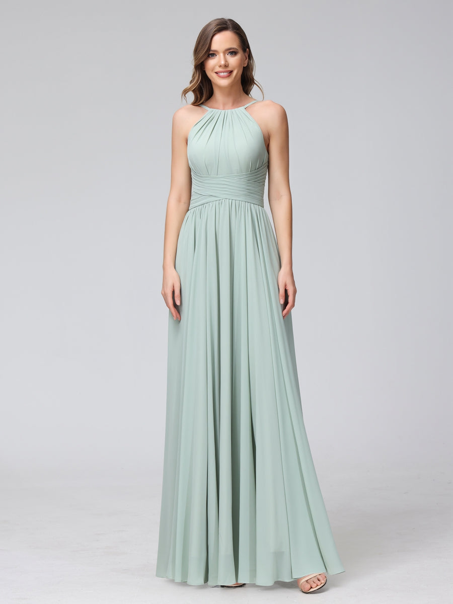 Vestidos de Dama de Honra Em Chiffon com Frente Única Evasê Sem Mangas Franzidos Até O Chão
