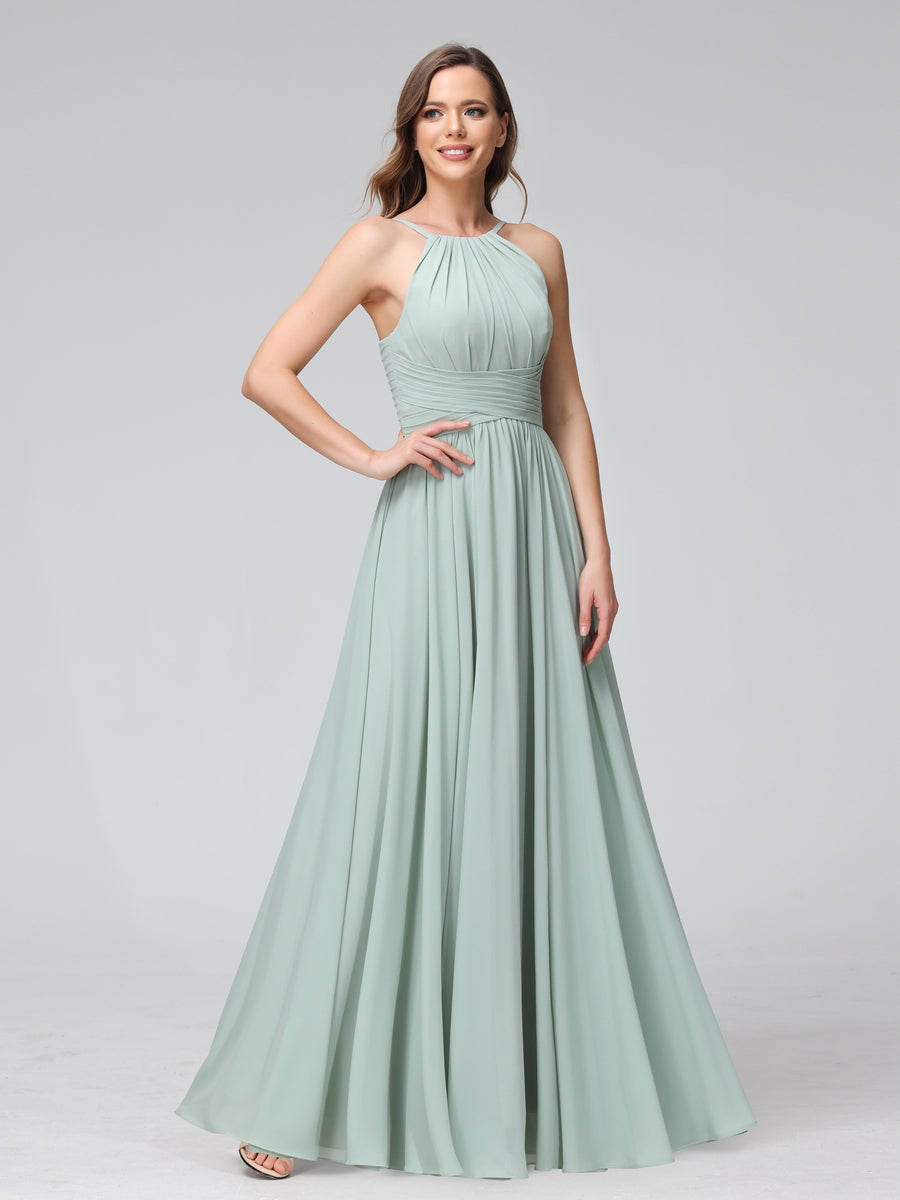 Vestidos de Dama de Honra Em Chiffon com Frente Única Evasê Sem Mangas Franzidos Até O Chão