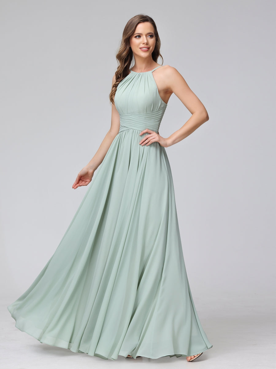 Vestidos de Dama de Honra Em Chiffon com Frente Única Evasê Sem Mangas Franzidos Até O Chão