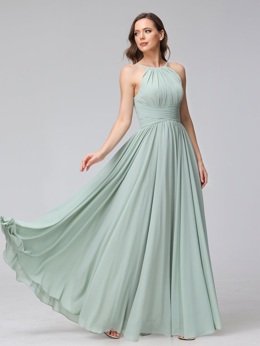 Vestidos de Dama de Honra Em Chiffon com Frente Única Evasê Sem Mangas Franzidos Até O Chão