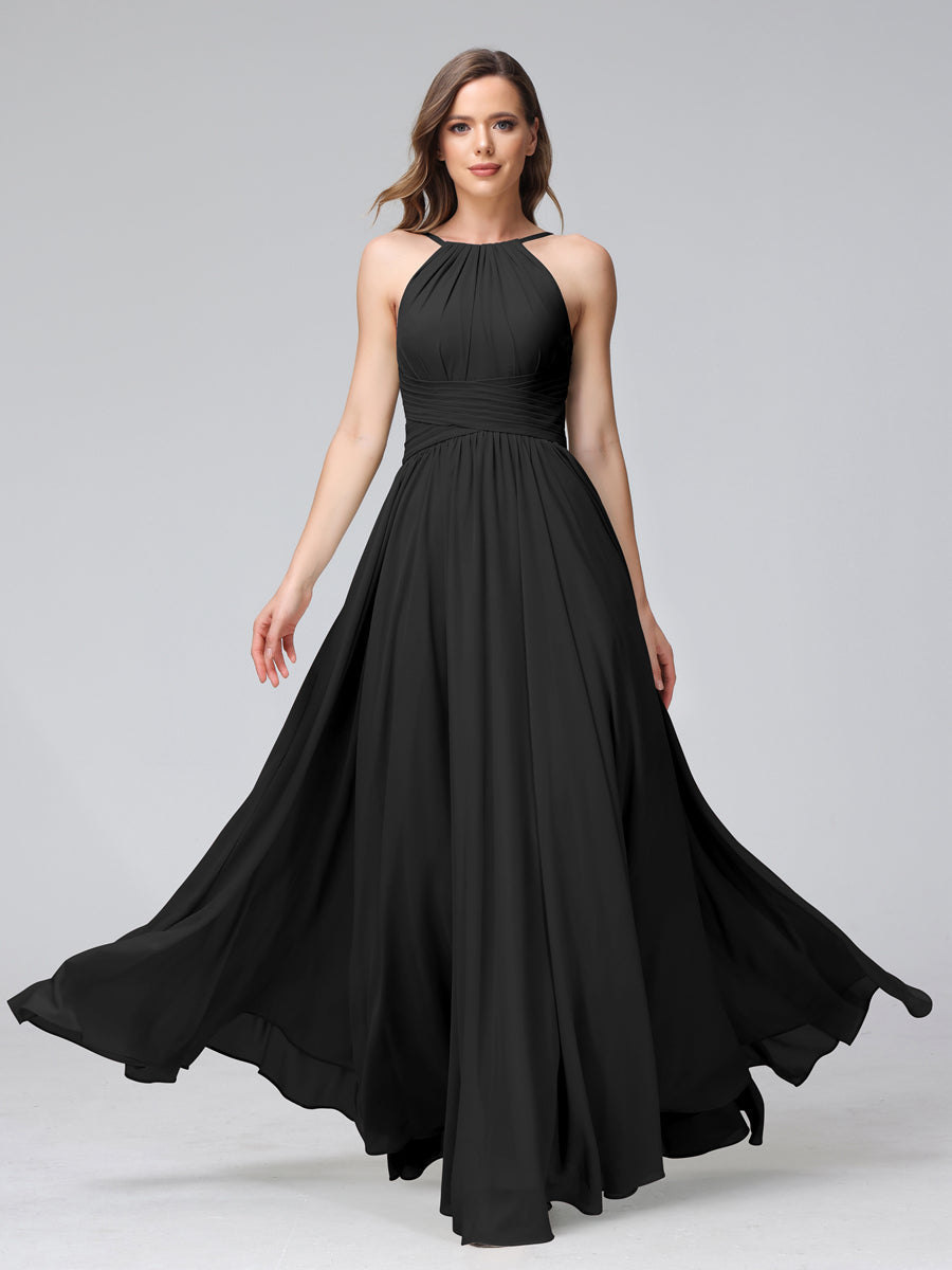 Vestidos de Dama de Honra Em Chiffon com Frente Única Evasê Sem Mangas Franzidos Até O Chão