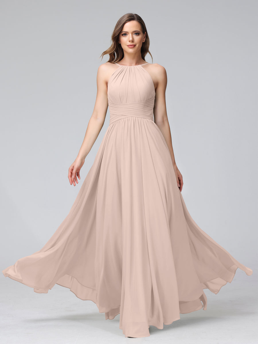 Vestidos de Dama de Honra Em Chiffon com Frente Única Evasê Sem Mangas Franzidos Até O Chão