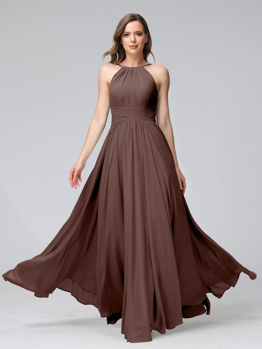 Vestidos de Dama de Honra Em Chiffon com Frente Única Evasê Sem Mangas Franzidos Até O Chão