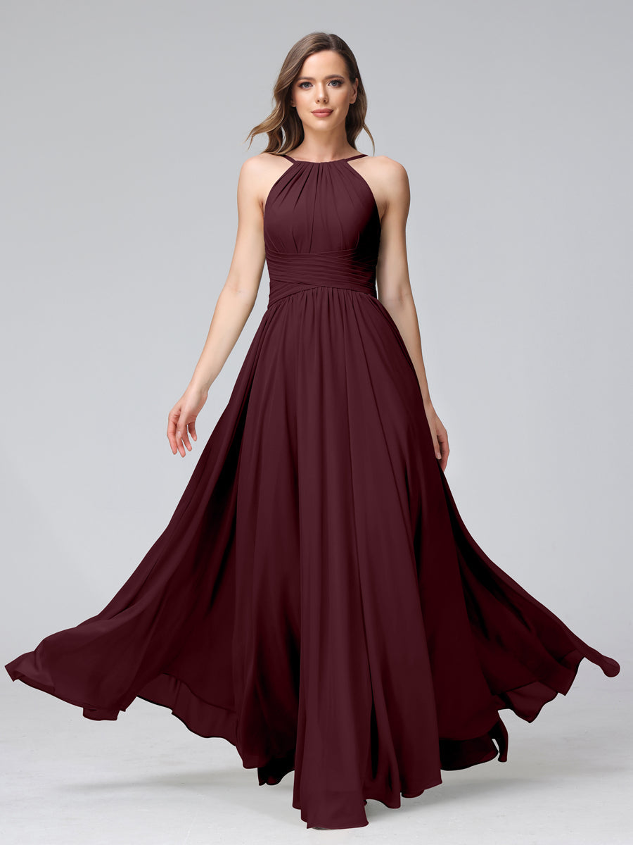 Vestidos de Dama de Honra Em Chiffon com Frente Única Evasê Sem Mangas Franzidos Até O Chão