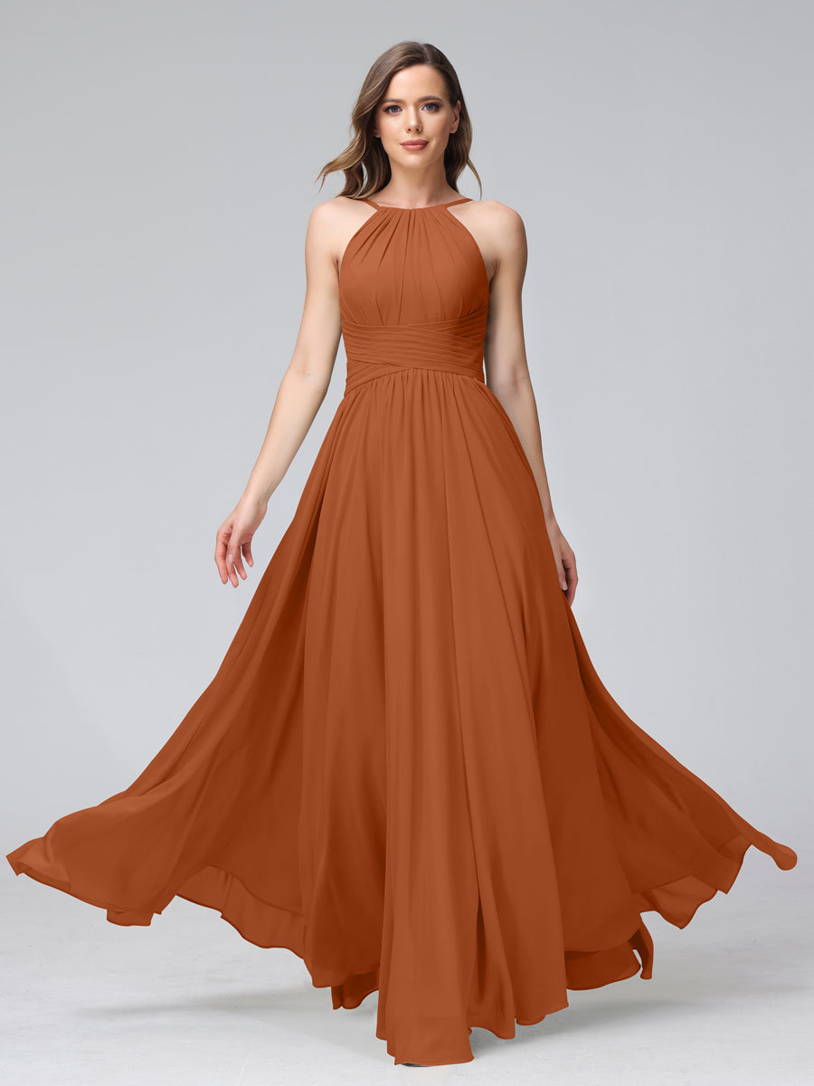 Vestidos de Dama de Honra Em Chiffon com Frente Única Evasê Sem Mangas Franzidos Até O Chão