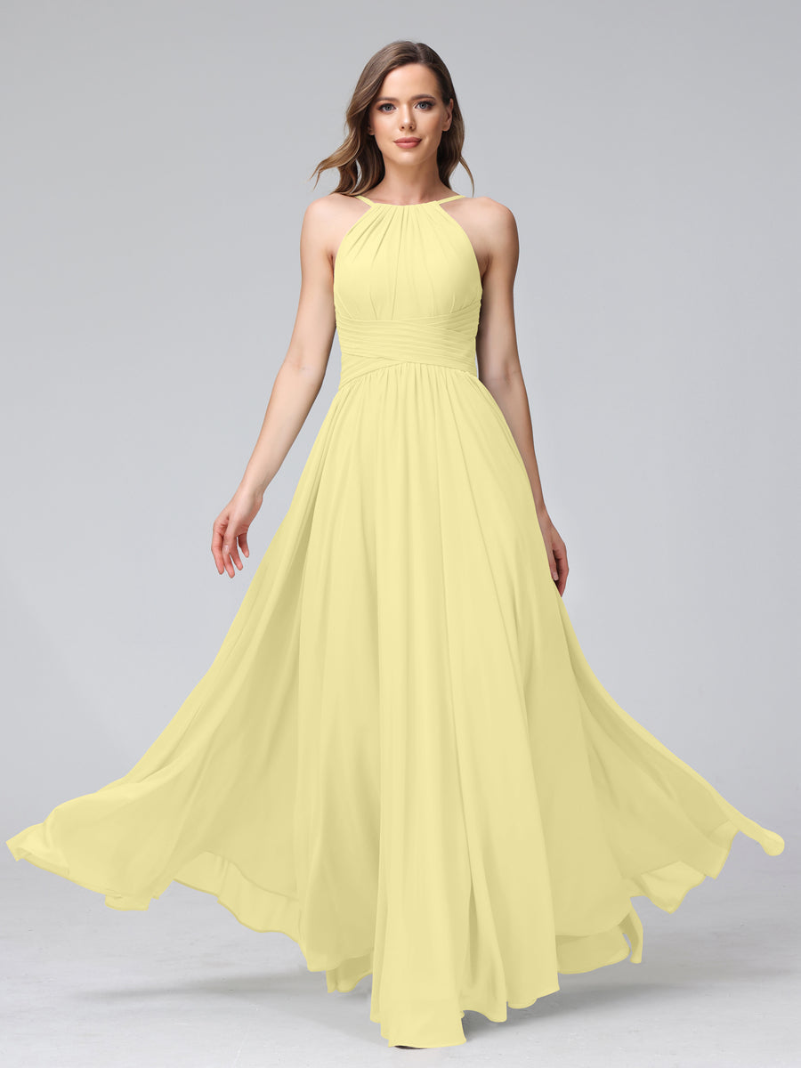 Vestidos de Dama de Honra Em Chiffon com Frente Única Evasê Sem Mangas Franzidos Até O Chão