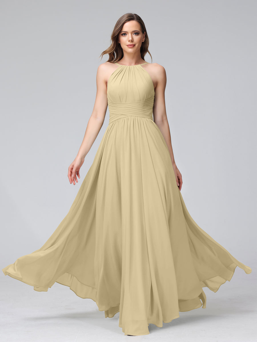 Vestidos de Dama de Honra Em Chiffon com Frente Única Evasê Sem Mangas Franzidos Até O Chão