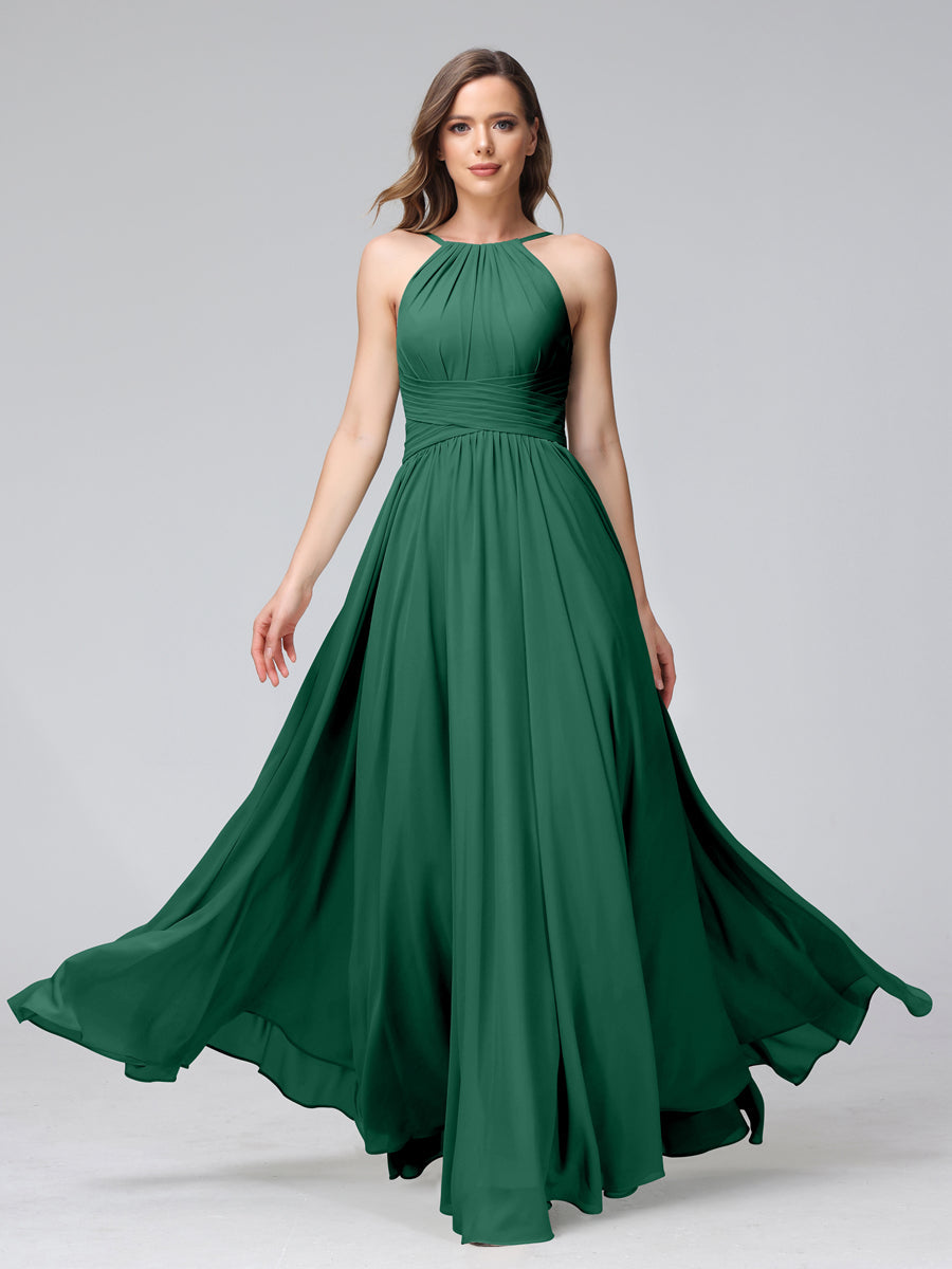 Vestidos de Dama de Honra Em Chiffon com Frente Única Evasê Sem Mangas Franzidos Até O Chão