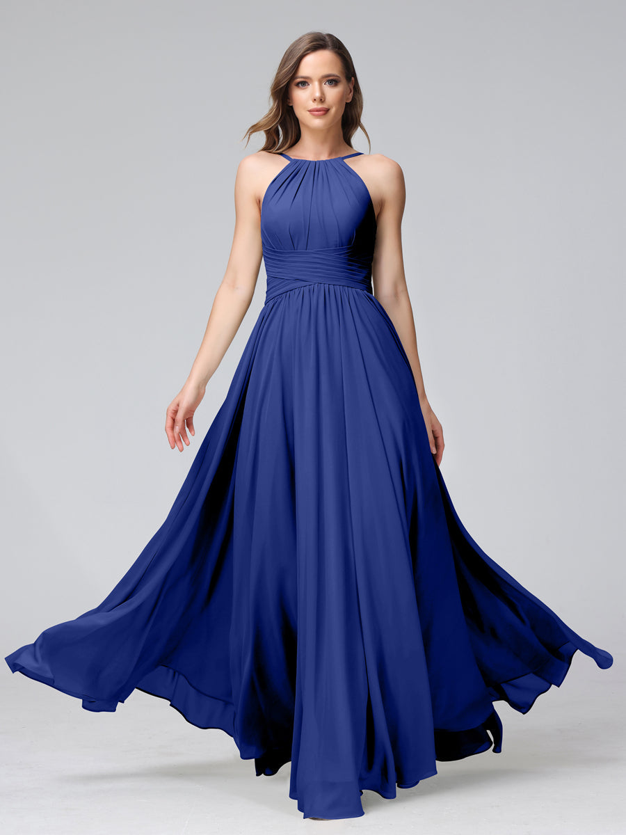 Vestidos de Dama de Honra Em Chiffon com Frente Única Evasê Sem Mangas Franzidos Até O Chão