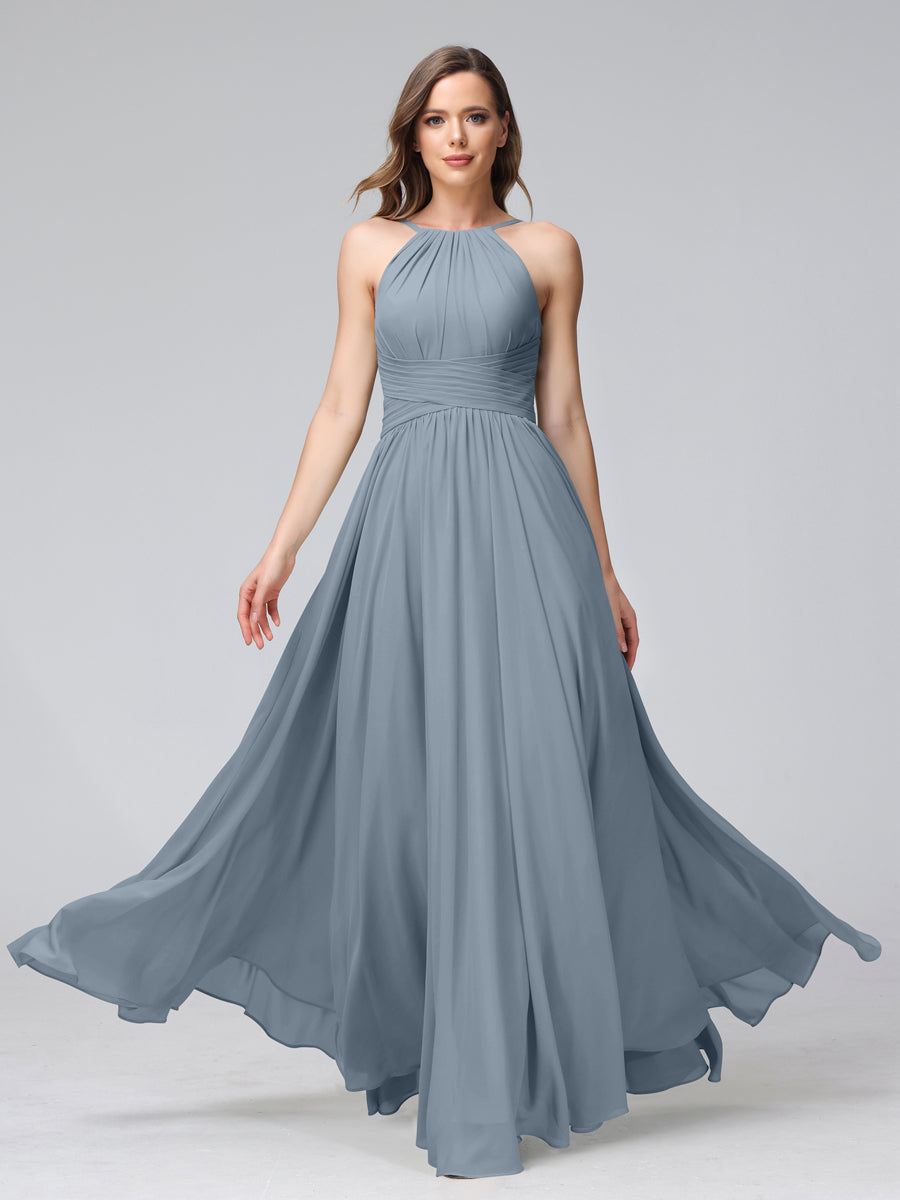 Vestidos de Dama de Honra Em Chiffon com Frente Única Evasê Sem Mangas Franzidos Até O Chão