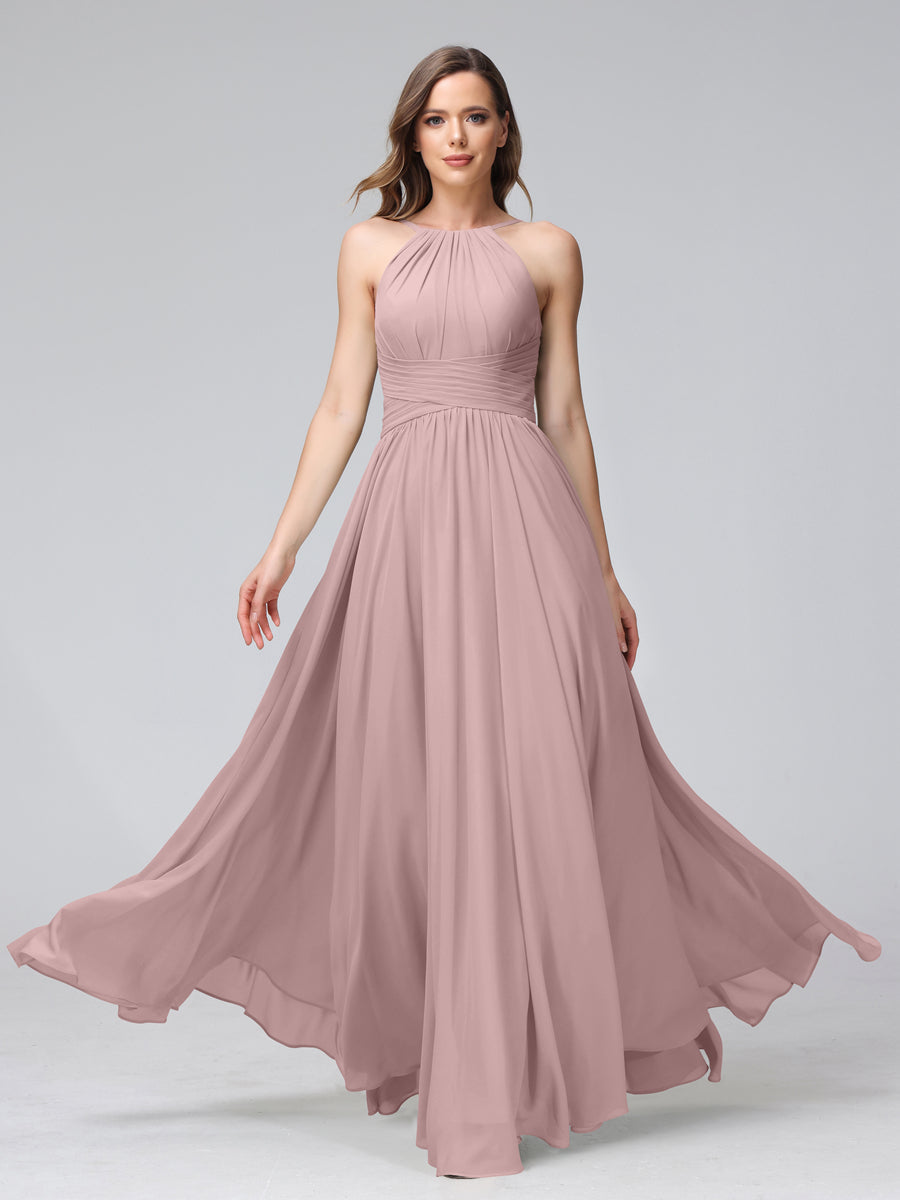 Vestidos de Dama de Honra Em Chiffon com Frente Única Evasê Sem Mangas Franzidos Até O Chão