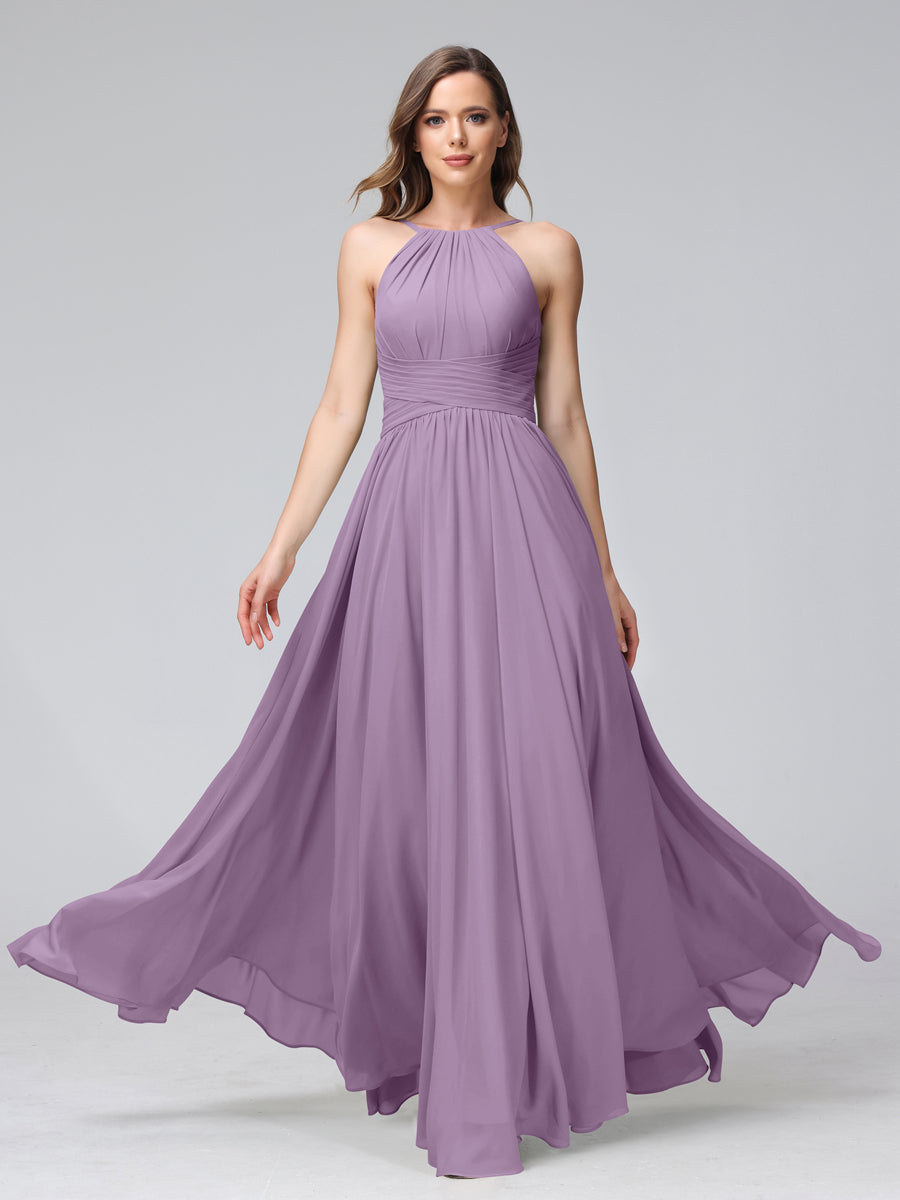 Vestidos de Dama de Honra Em Chiffon com Frente Única Evasê Sem Mangas Franzidos Até O Chão
