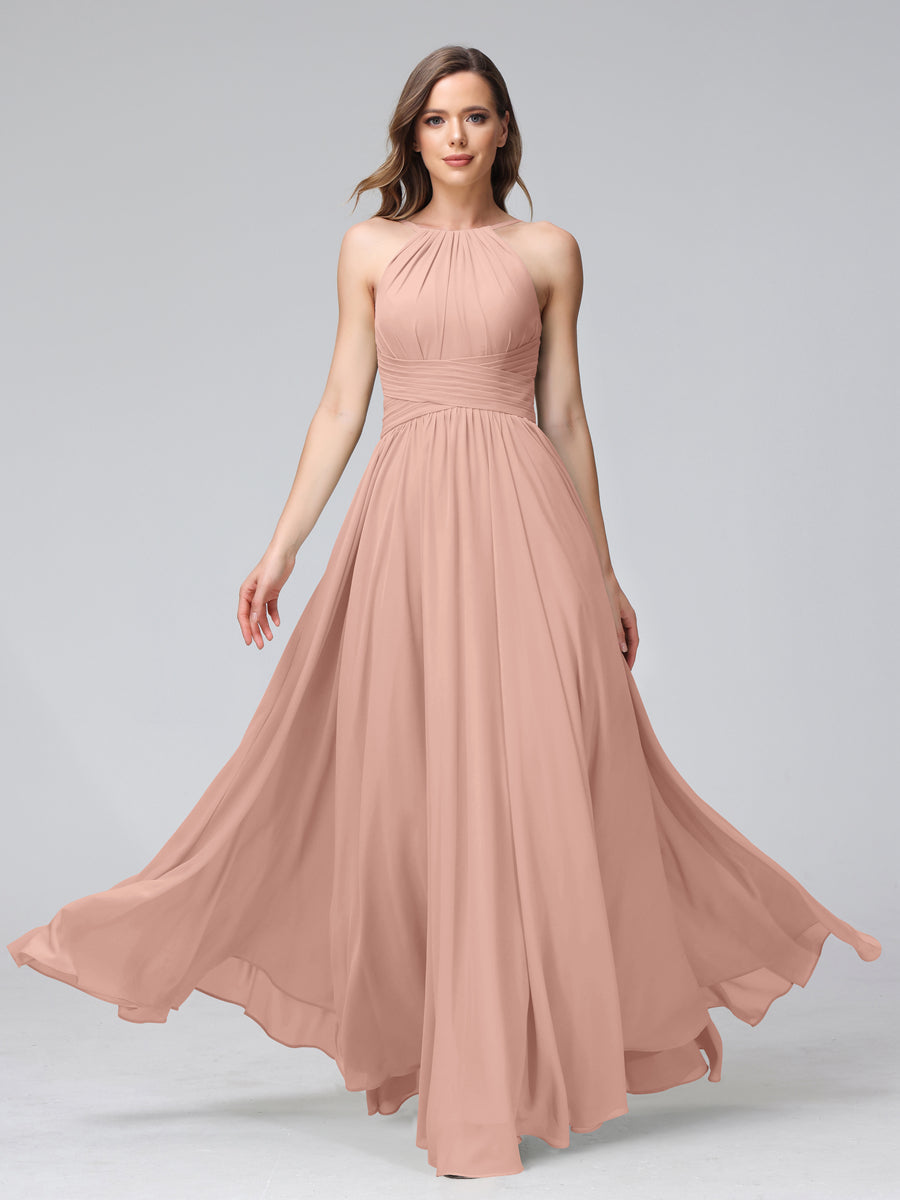 Vestidos de Dama de Honra Em Chiffon com Frente Única Evasê Sem Mangas Franzidos Até O Chão