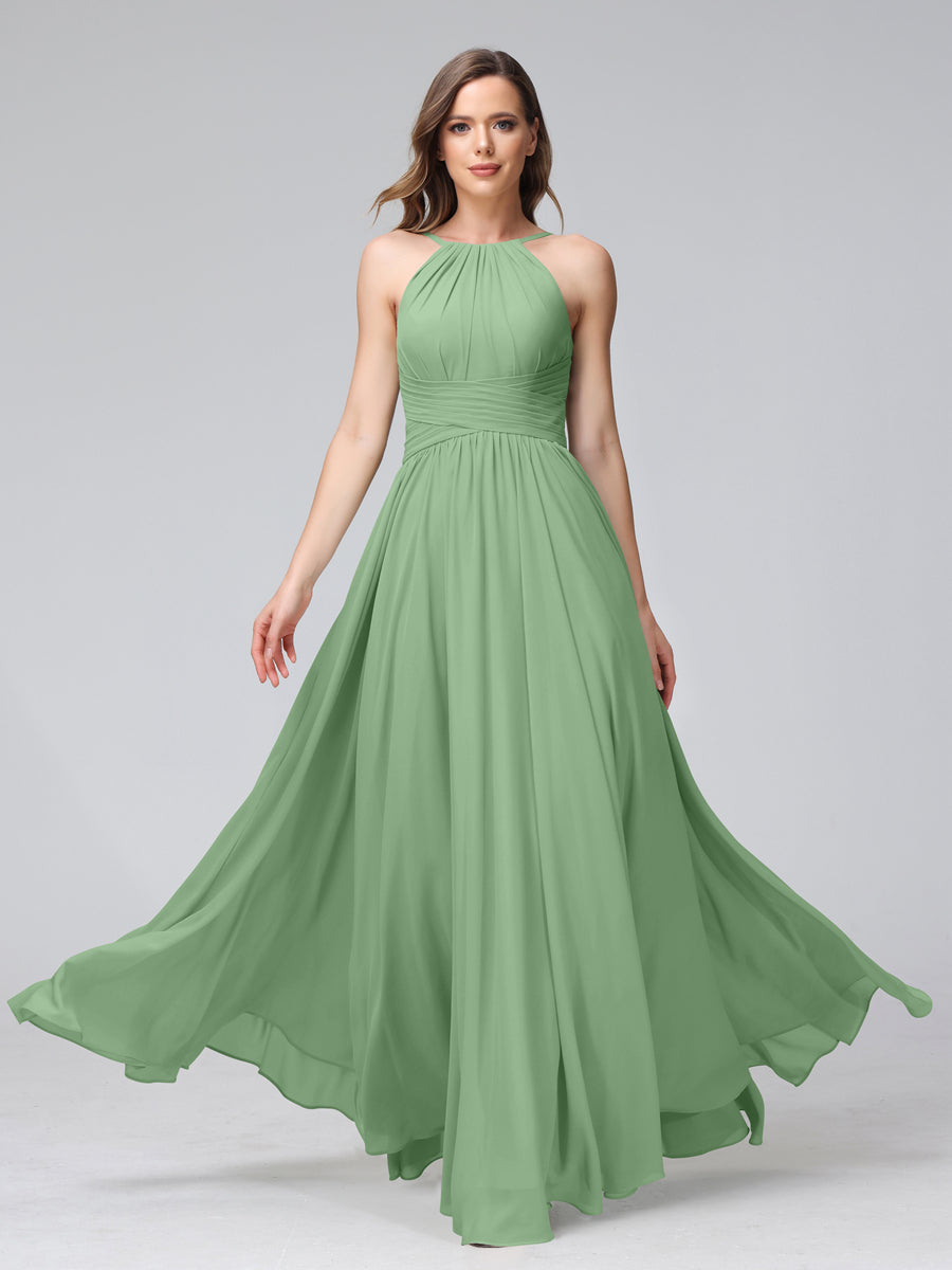 Vestidos de Dama de Honra Em Chiffon com Frente Única Evasê Sem Mangas Franzidos Até O Chão