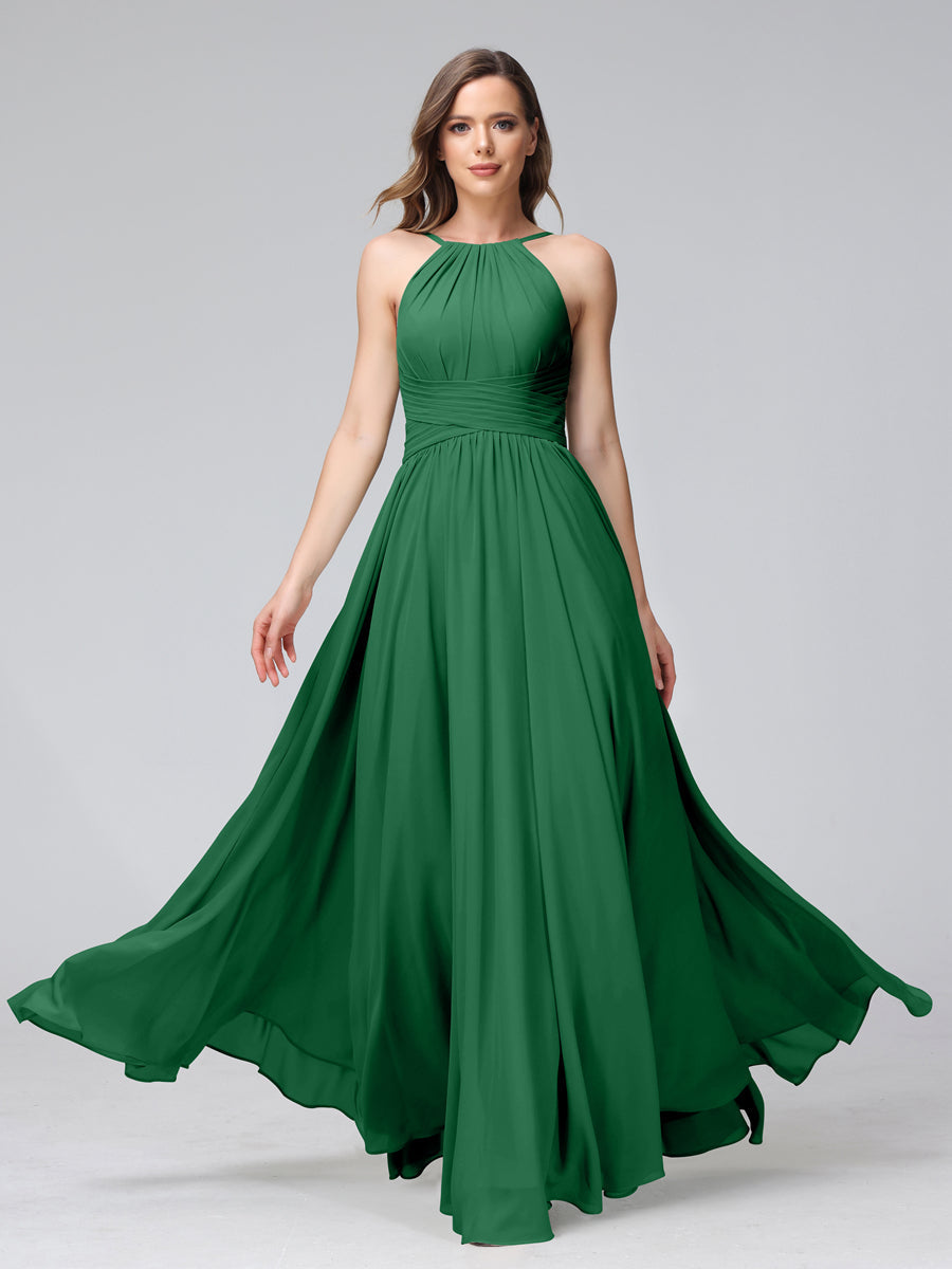 Vestidos de Dama de Honra Em Chiffon com Frente Única Evasê Sem Mangas Franzidos Até O Chão