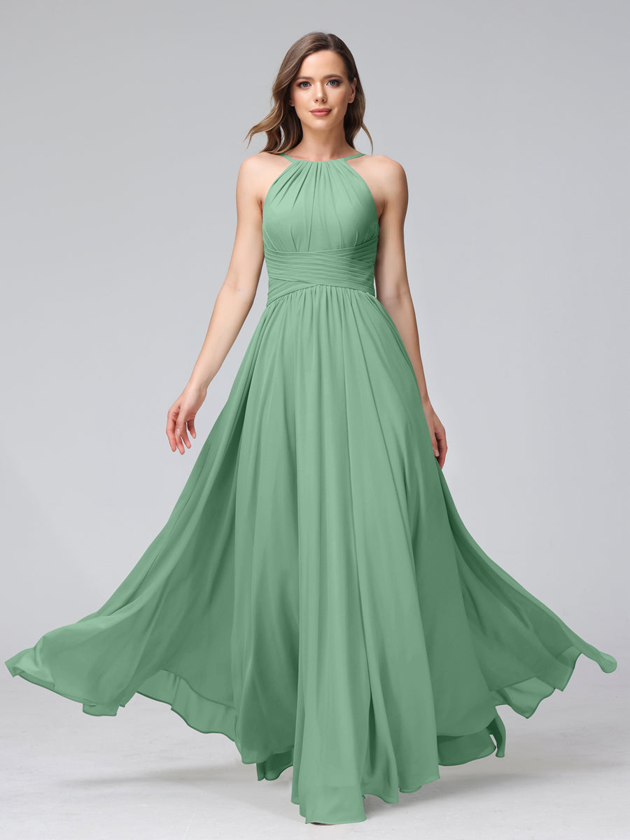Vestidos de Dama de Honra Em Chiffon com Frente Única Evasê Sem Mangas Franzidos Até O Chão