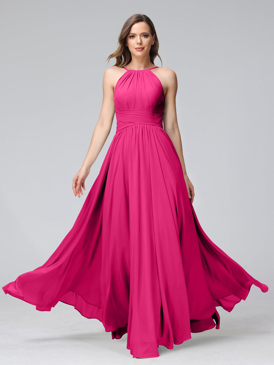 Vestidos de Dama de Honra Em Chiffon com Frente Única Evasê Sem Mangas Franzidos Até O Chão