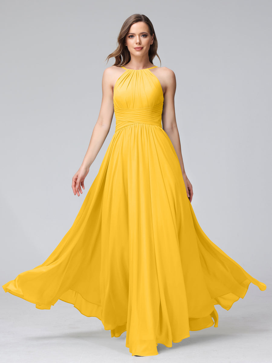 Vestidos de Dama de Honra Em Chiffon com Frente Única Evasê Sem Mangas Franzidos Até O Chão