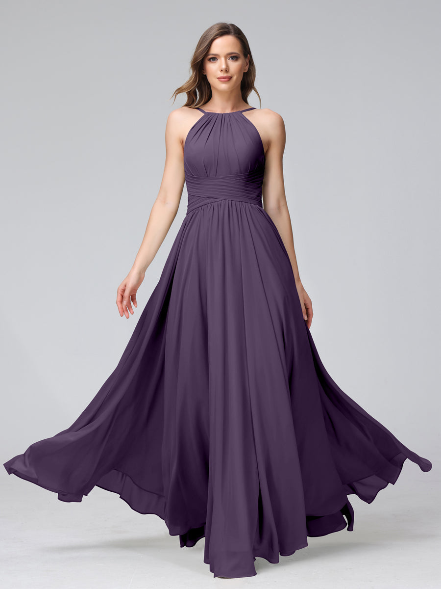Vestidos de Dama de Honra Em Chiffon com Frente Única Evasê Sem Mangas Franzidos Até O Chão