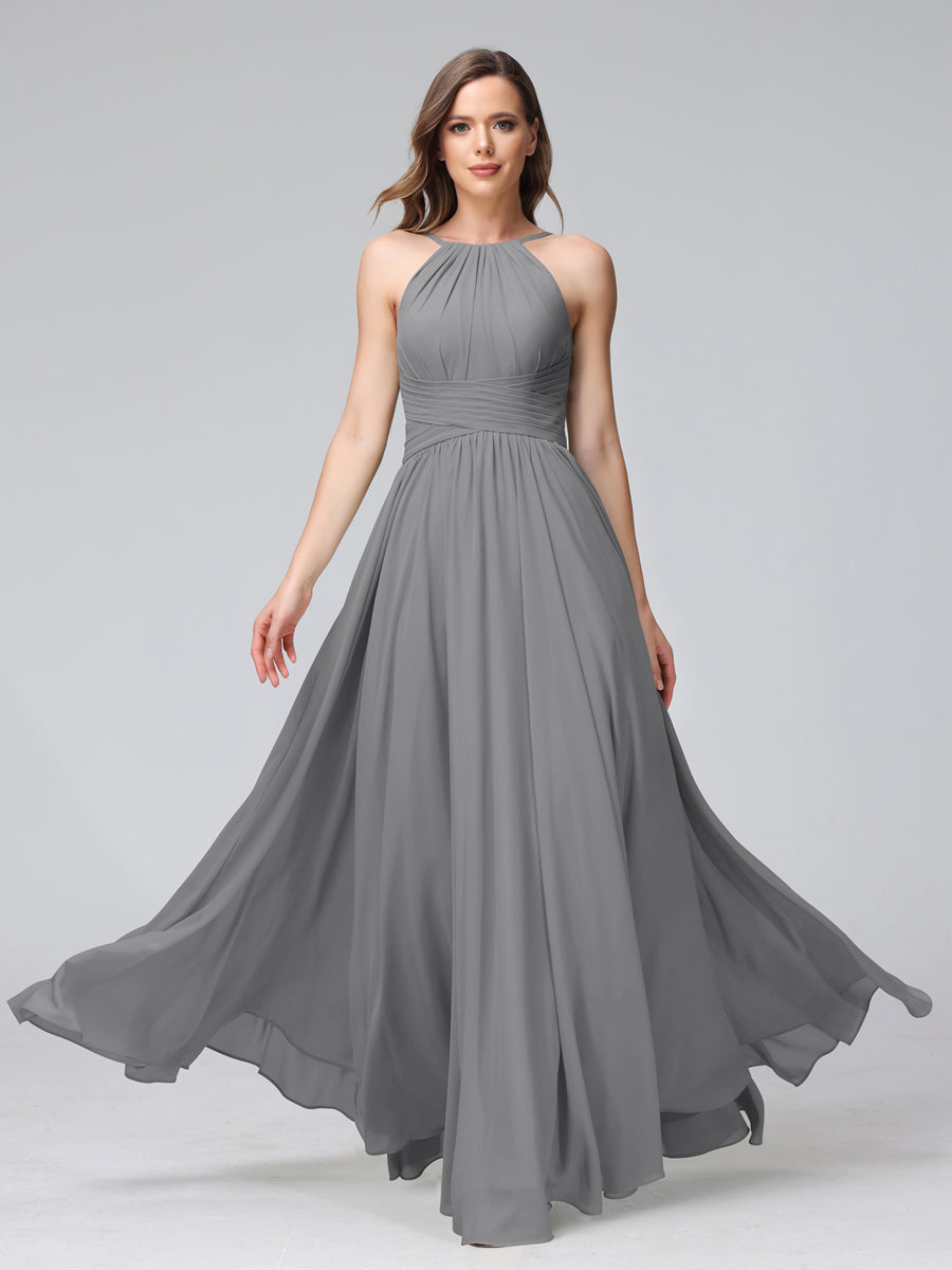 Vestidos de Dama de Honra Em Chiffon com Frente Única Evasê Sem Mangas Franzidos Até O Chão