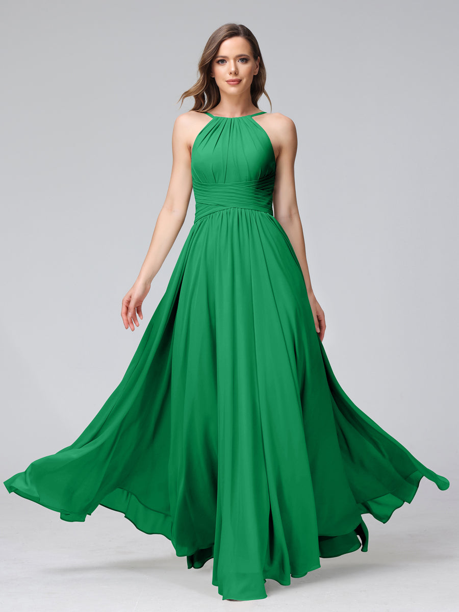 Vestidos de Dama de Honra Em Chiffon com Frente Única Evasê Sem Mangas Franzidos Até O Chão