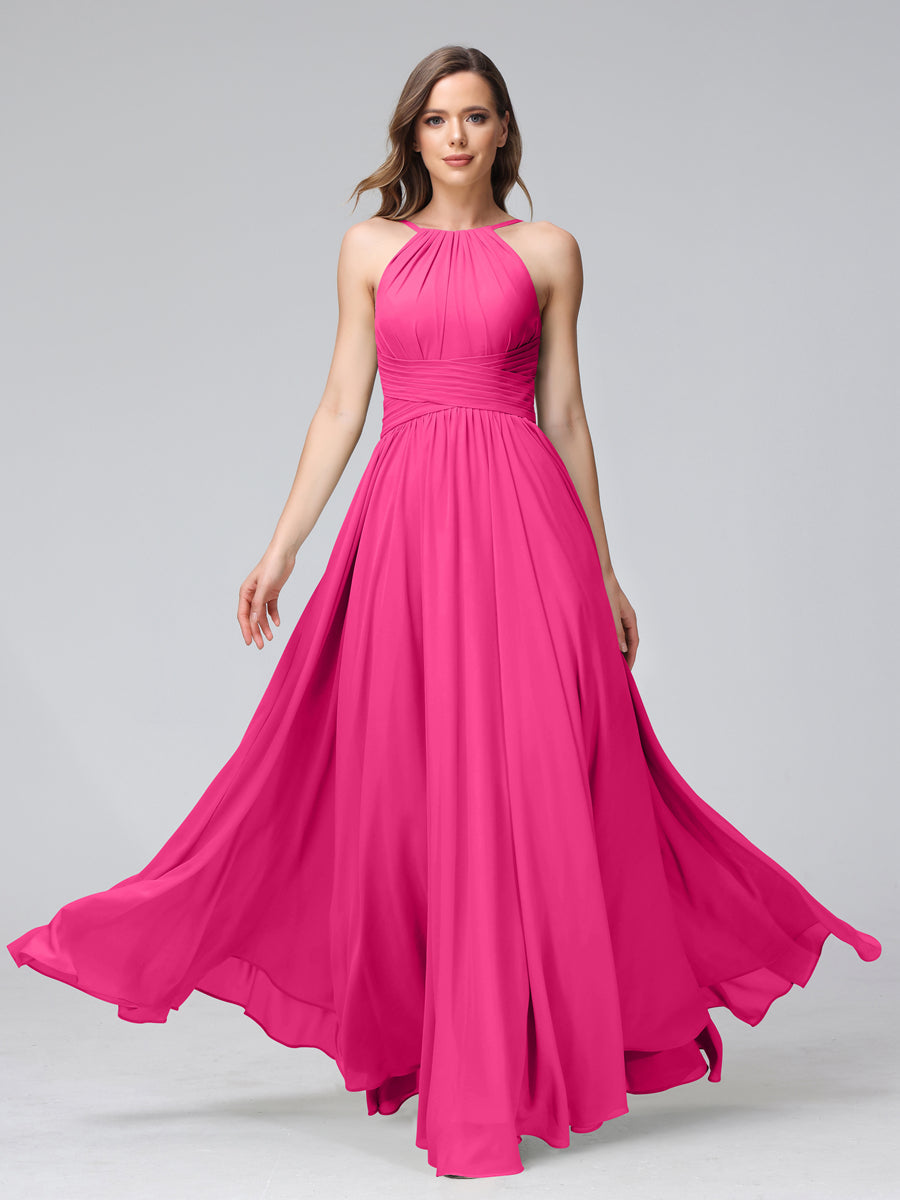 Vestidos de Dama de Honra Em Chiffon com Frente Única Evasê Sem Mangas Franzidos Até O Chão
